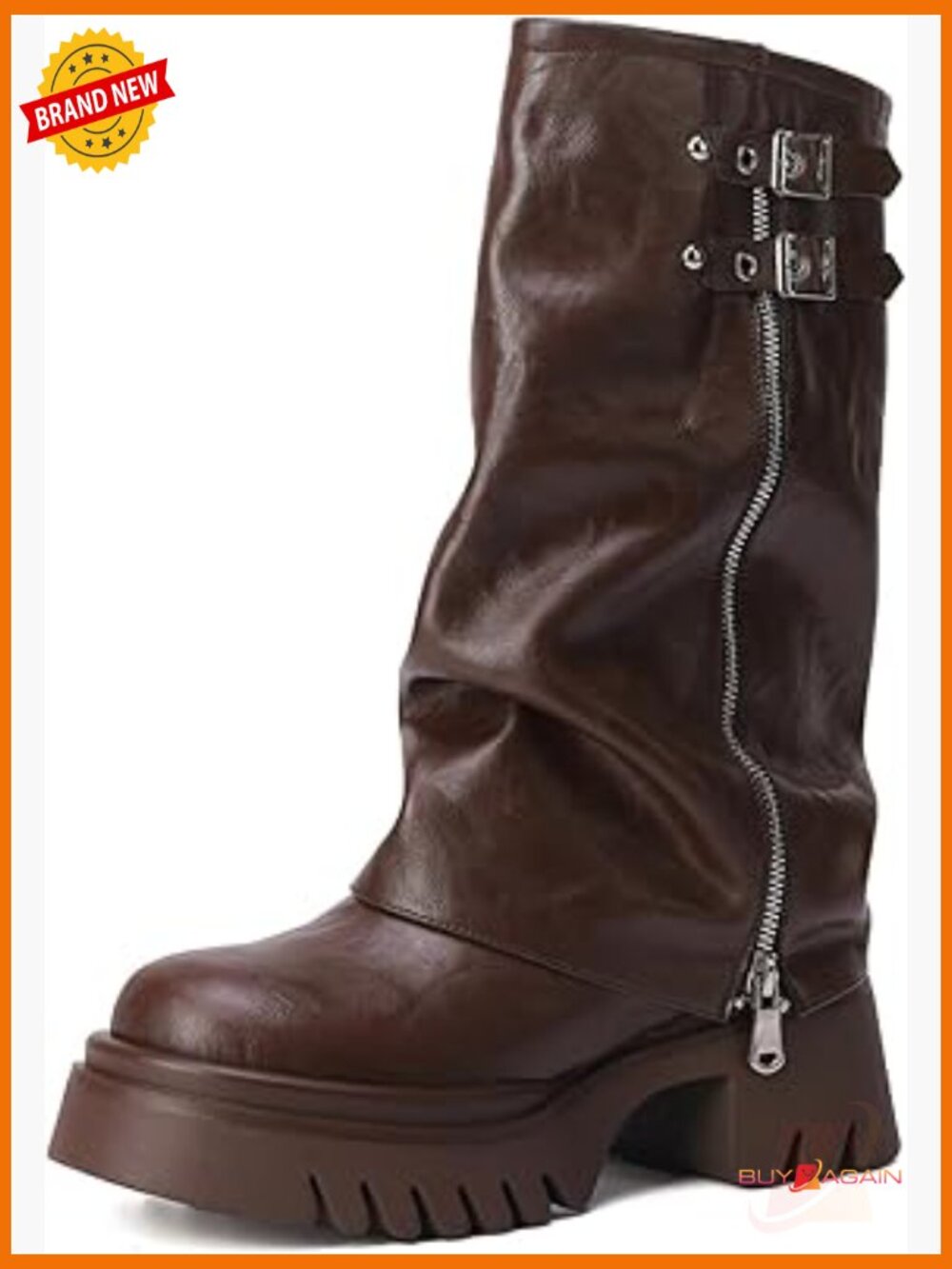 Wide Calf Mid-Calf Boots Fold Over Zipper Buckle Platform Low Heel Riding Boot